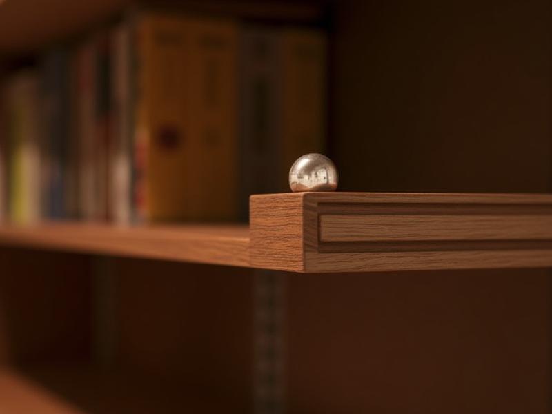 Detalj av bokhylle i valnøtt med bøker og dekorasjoner.